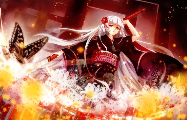 Anime picture 1539x995 with original conone single long hair looking at viewer red eyes white hair long sleeves traditional clothes japanese clothes hair flower girl hair ornament flower (flowers) weapon kimono insect butterfly