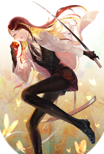 Anime-Bild 1181x1748 mit houseki no kuni rutile (houseki no kuni) sugurin single long hair tall image blonde hair red eyes yellow eyes character names alternate hairstyle androgynous alternate hair length uniform weapon pantyhose sword black pantyhose katana insect