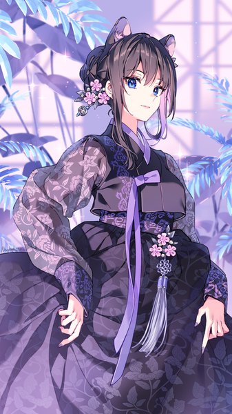 Anime picture 720x1280 with original nardack single tall image looking at viewer fringe short hair blue eyes black hair hair between eyes animal ears long sleeves nail polish traditional clothes multicolored hair hair flower fingernails sparkle hair bun (hair buns) sleeves past wrists