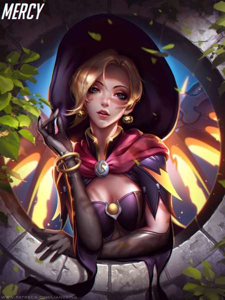 Anime picture 750x1000 with overwatch blizzard entertainment mercy (overwatch) witch mercy liang xing single tall image looking at viewer fringe short hair open mouth blue eyes light erotic blonde hair hair between eyes signed wind realistic arm support character names