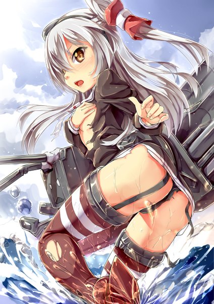 Anime picture 966x1366 with kantai collection amatsukaze destroyer rensouhou-kun pack er 5 single long hair tall image blush open mouth light erotic brown eyes sky silver hair cloud (clouds) ass two side up torn clothes girl thighhighs underwear