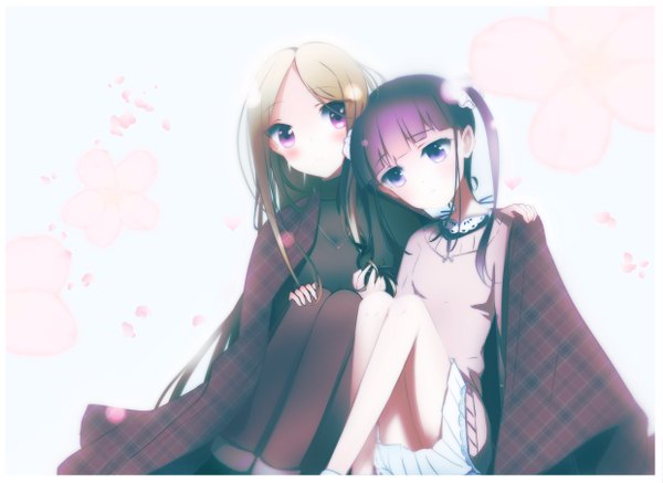 Anime picture 1240x905 with sakura trick studio deen minami shizuku noda kotone 80mph long hair looking at viewer blush blonde hair white background sitting purple eyes twintails multiple girls purple hair scan hug shoujo ai girl hair ornament