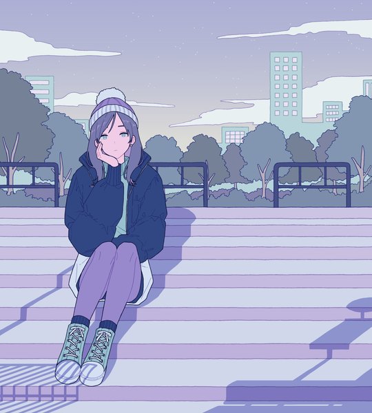 Anime picture 4413x4901 with original shi oo single long hair tall image looking at viewer highres black hair sitting absurdres sky cloud (clouds) full body outdoors aqua eyes open jacket shadow head rest casual girl