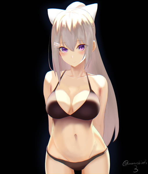 Anime picture 3500x4114 with virtual youtuber nijisanji higuchi kaede maoushiori3 single long hair tall image looking at viewer blush fringe highres breasts light erotic simple background hair between eyes large breasts standing purple eyes bare shoulders signed
