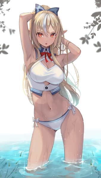 Anime picture 1470x2600 with virtual youtuber hololive shiranui flare pi tayuko single long hair tall image looking at viewer fringe light erotic blonde hair hair between eyes red eyes standing multicolored hair pointy ears streaked hair partially submerged arms behind head girl