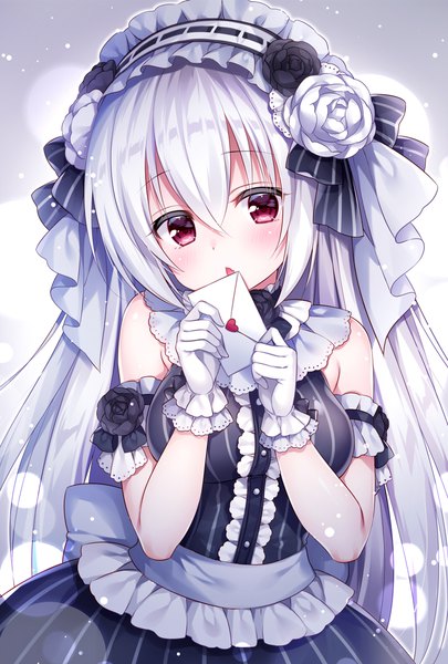 Anime picture 700x1035 with original mitsuba choco single long hair tall image looking at viewer blush fringe breasts open mouth simple background hair between eyes red eyes standing holding silver hair head tilt lolita fashion girl dress