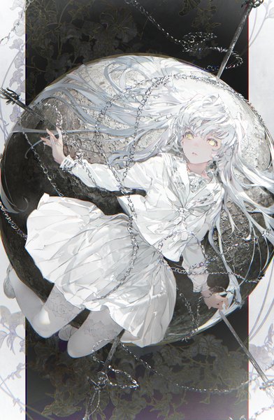 Anime picture 1961x3000 with original taiki (luster) single long hair tall image fringe highres hair between eyes yellow eyes looking away silver hair pleated skirt spread arms girl skirt uniform serafuku moon chain white skirt