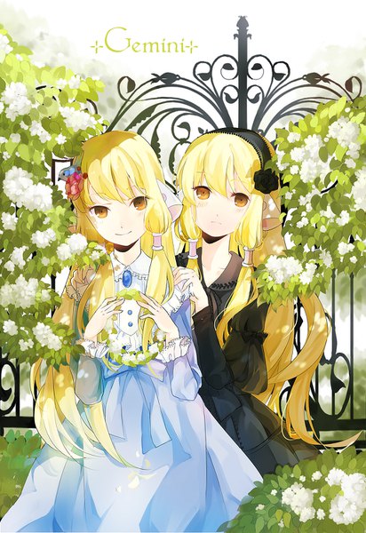 Anime picture 1032x1500 with chobits chii freya tunami midori (willasama) long hair tall image looking at viewer blush blonde hair multiple girls brown eyes head tilt hair flower sunlight hug siblings twins sisters hand on another's shoulder
