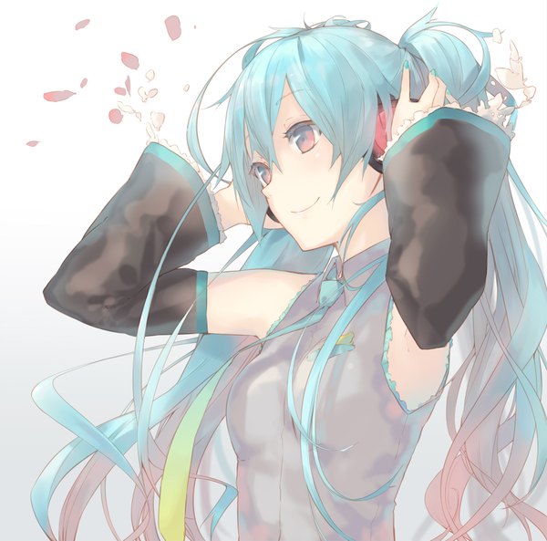 Anime picture 2000x1977 with vocaloid hatsune miku la-na single highres smile twintails very long hair aqua eyes aqua hair girl detached sleeves petals necktie headphones