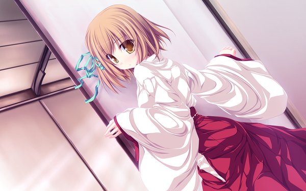 Anime picture 1920x1200 with magus tale whirlpool (studio) amagase koyuki tenmaso single looking at viewer blush highres short hair blonde hair wide image yellow eyes game cg traditional clothes japanese clothes looking back spread arms miko girl ribbon (ribbons)