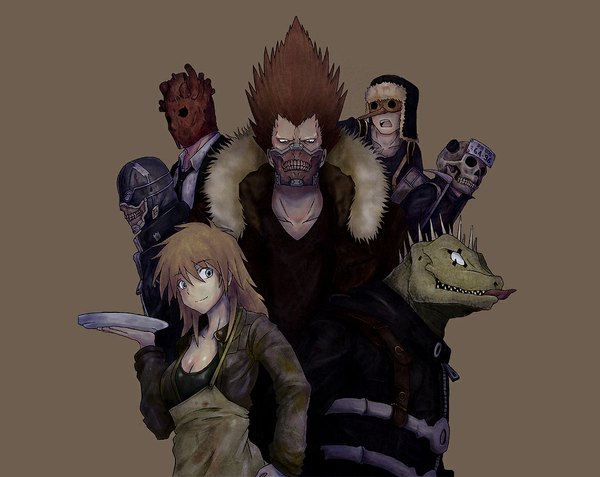 Anime picture 1077x858 with dorohedoro mappa noi (dorohedoro) shin (dorohedoro) ebisu (dorohedoro) nikaidou (dorohedoro) en (dorohedoro) caiman fujita (dorohedoro) uo ichib blonde hair simple background red hair grey background teeth group lizardman boy hat animal