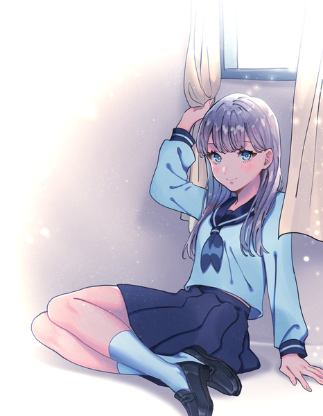Anime picture 2591x3335 with original bomhat single long hair tall image looking at viewer blush fringe highres blue eyes smile sitting silver hair full body blunt bangs pleated skirt arm up arm support yokozuwari girl