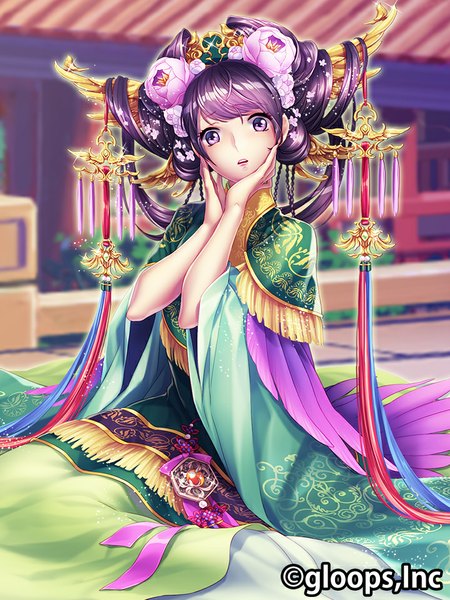 Anime picture 720x960 with original bborong single long hair tall image fringe open mouth sitting purple eyes purple hair outdoors traditional clothes japanese clothes hair flower lips wide sleeves short sleeves girl hair ornament flower (flowers)