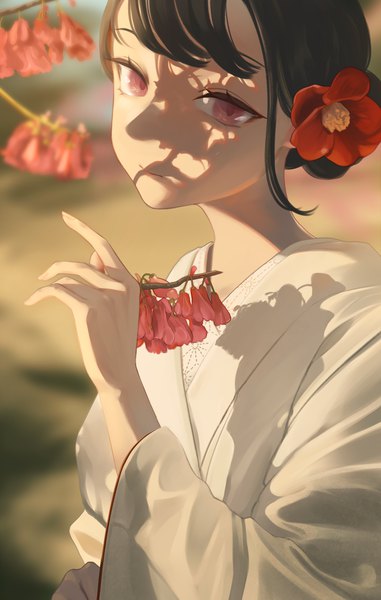 Anime picture 1095x1725 with original litra (ltr0312) single tall image looking at viewer fringe short hair black hair holding upper body outdoors traditional clothes japanese clothes pink eyes hair flower wide sleeves shadow hair bun (hair buns) shaded face girl