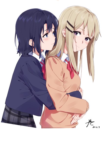 Anime picture 5788x8186 with adachi to shimamura adachi sakura shimamura hougetsu ppchen long hair tall image looking at viewer blush highres short hair blue eyes simple background blonde hair white background purple eyes multiple girls blue hair absurdres upper body hug