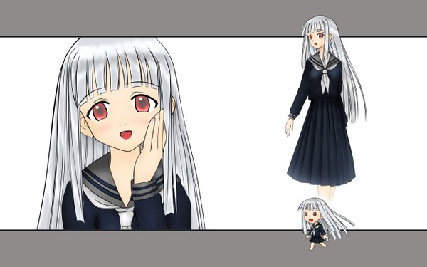 Anime picture 1280x800 with mahou sensei negima! aisaka sayo long hair fringe red eyes wide image silver hair blunt bangs ghost hime cut uniform school uniform doll (dolls)