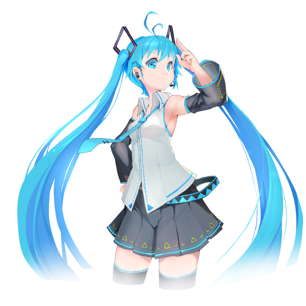 Anime picture 3840x3840 with vocaloid hatsune miku segamark single looking at viewer fringe highres simple background smile white background absurdres ahoge very long hair pleated skirt aqua eyes aqua hair zettai ryouiki hand on hip salute girl
