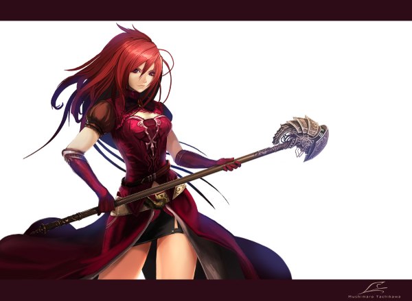 Anime picture 1200x879 with sword world tachikawa mushimaro (bimo) single long hair simple background white background purple eyes cleavage red hair girl skirt gloves elbow gloves belt staff