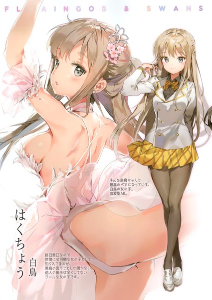 Anime picture 2426x3427 with original anmi long hair tall image looking at viewer blush fringe highres breasts light erotic blonde hair simple background smile standing full body long sleeves pleated skirt arm up hair flower scan