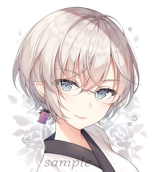 Anime picture 980x1070 with final fantasy final fantasy xiv square enix ayuanlv single tall image looking at viewer blush fringe short hair blue eyes smile hair between eyes silver hair upper body pointy ears inscription floral background girl glasses