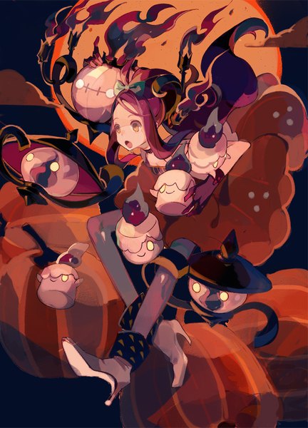 Anime picture 750x1042 with pokemon pokemon black and white nintendo hilda (pokemon) chandelure litwick lampent clea long hair tall image open mouth smile cloud (clouds) red hair high heels halloween gen 5 pokemon girl hair ornament bow