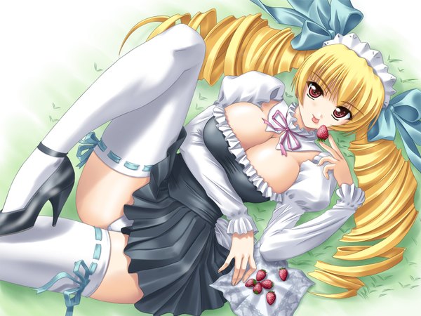 Anime picture 1600x1200 with oshioki sweetie shinmeiji rinn long hair highres breasts light erotic blonde hair red eyes large breasts twintails game cg cleavage lying maid high heels pantyshot drill hair :p thighhighs underwear