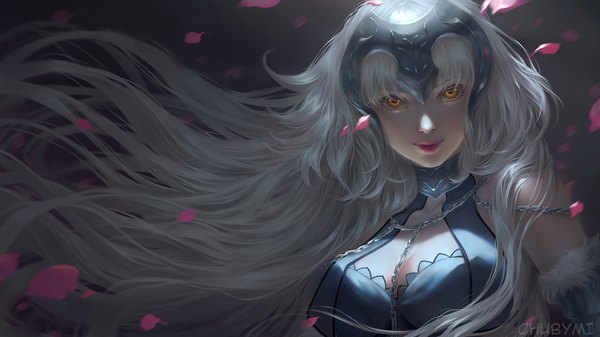 Anime picture 1920x1080 with fate (series) fate/grand order jeanne d'arc (fate) (all) jeanne d'arc alter (fate) jeanne d'arc alter (avenger) (third ascension) (fate) chubymi single long hair looking at viewer highres wide image yellow eyes silver hair wind lips realistic lipstick dark background pink lipstick girl