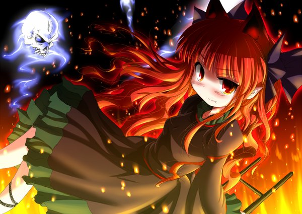 Anime picture 1694x1200 with touhou kaenbyou rin inyu blush red eyes animal ears red hair pointy ears loli extra ears curly hair girl skull