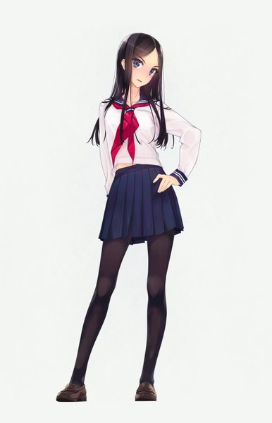 Anime picture 1029x1600 with original murakami suigun single long hair tall image looking at viewer blush fringe blue eyes black hair simple background hair between eyes standing full body long sleeves parted lips pleated skirt light smile grey background hand on hip