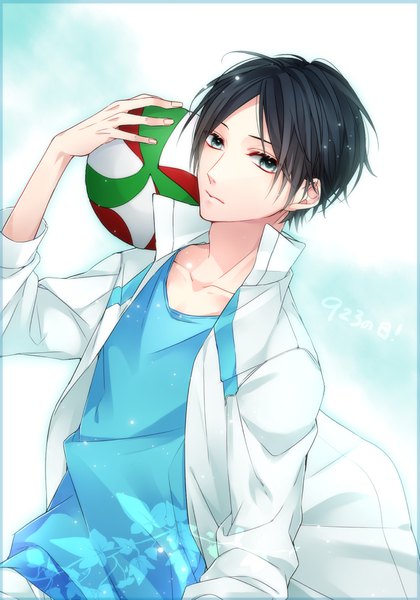 Anime-Bild 840x1200 mit haikyuu!! production i.g kunimi akira hanasato (okashino) single tall image short hair blue eyes black hair holding upper body open jacket boy jacket ball volleyball ball