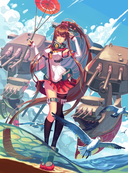 Anime picture 1106x1489 with kantai collection yamato super battleship madyy single tall image looking at viewer brown hair brown eyes very long hair girl thighhighs skirt hair ornament weapon black thighhighs miniskirt animal water socks belt