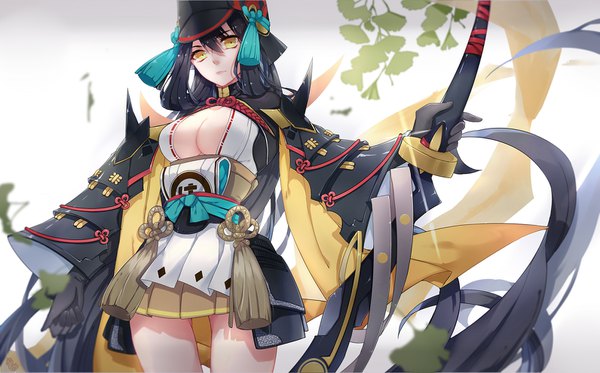 Anime picture 1592x992 with onmyoji youtouhime fy fei xiao ya single looking at viewer fringe breasts light erotic black hair hair between eyes wide image large breasts yellow eyes cleavage very long hair traditional clothes japanese clothes from below girl gloves
