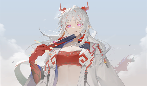 Anime picture 1356x800 with arknights nian (arknights) huanxiang heitu single long hair wide image purple eyes silver hair upper body tail horn (horns) light smile pointy ears open jacket official art dragon girl dragon tail girl earrings jacket