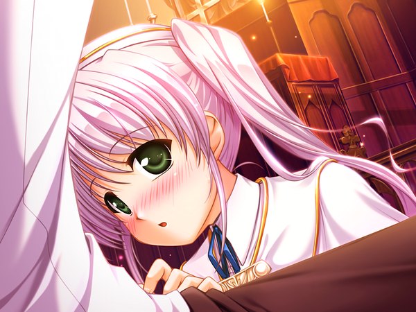 Anime picture 1024x768 with fortune arterial august soft tougi shiro bekkankou long hair blush light erotic twintails green eyes pink hair game cg embarrassed solo focus girl