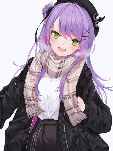 Anime picture 1814x2419 with virtual youtuber hololive tokoyami towa runlan 0329 single long hair tall image looking at viewer blush fringe highres open mouth simple background white background green eyes purple hair :d open jacket hair bun (hair buns) exhalation