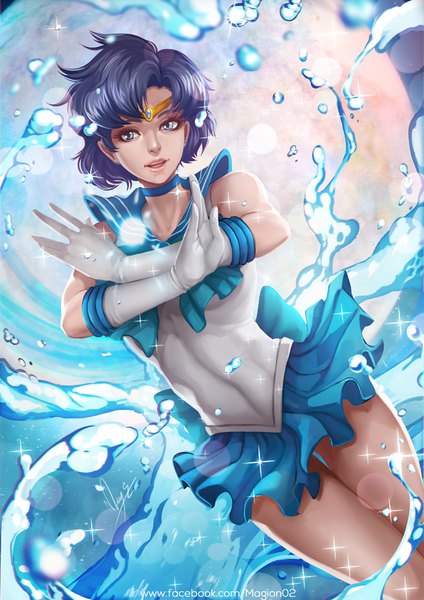 Anime picture 700x990 with bishoujo senshi sailor moon toei animation mizuno ami sailor mercury magion02 single tall image short hair open mouth blue eyes signed purple hair :d realistic sparkle crossed arms sailor collar magical girl girl gloves