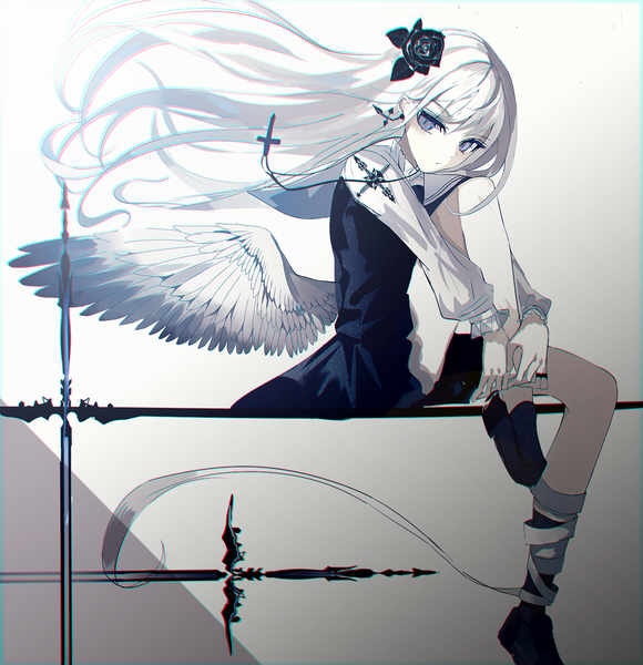 Anime picture 1500x1550 with original beckzawachi single long hair tall image looking at viewer simple background white background sitting purple eyes white hair hair flower gradient background floating hair angel wings anaglyph white wings sailor collar angel girl