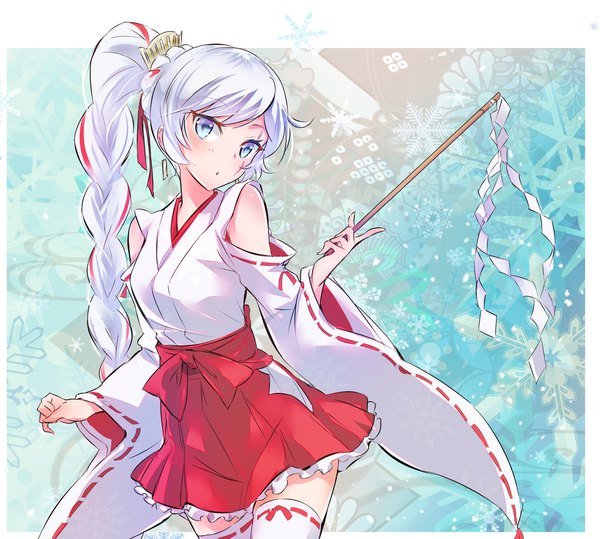Anime picture 1426x1280 with rwby rooster teeth weiss schnee iesupa single long hair looking at viewer blue eyes silver hair braid (braids) traditional clothes parted lips japanese clothes single braid scar nontraditional miko snowflake print girl thighhighs skirt