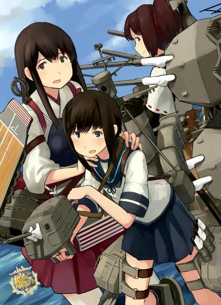 Anime picture 928x1280 with kantai collection akagi aircraft carrier fubuki destroyer ise battleship shibafu (glock23) long hair tall image looking at viewer fringe short hair open mouth black hair smile multiple girls sky traditional clothes japanese clothes pleated skirt looking back official art