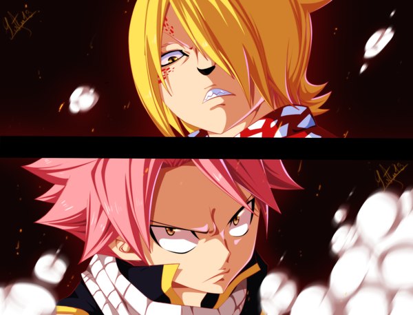 Anime picture 1352x1032 with fairy tail natsu dragneel jackal tongasart fringe short hair blonde hair yellow eyes pink hair hair over one eye grin coloring close-up smoke angry manga boy scarf