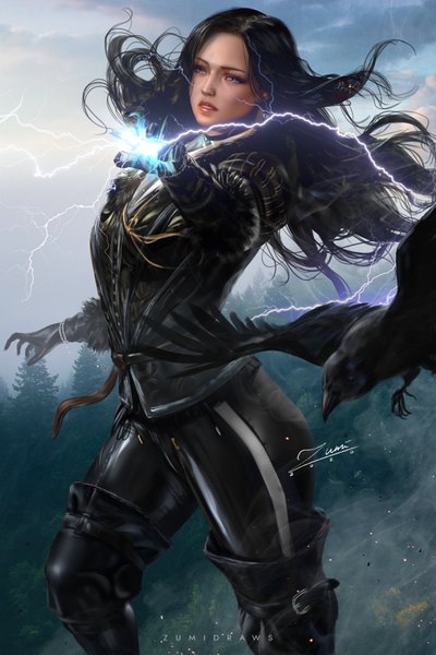 Anime picture 2339x3508 with the witcher the witcher 3 wild hunt yennefer of vengerberg zumi (zumidraws) single long hair tall image fringe highres black hair standing purple eyes signed looking away sky cloud (clouds) bent knee (knees) outdoors parted lips head tilt
