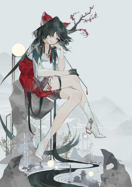 Anime picture 1414x2000 with touhou hakurei reimu hillly (maiwetea) single tall image looking at viewer fringe black hair smile sitting full body very long hair hair over one eye bare legs grey eyes crossed legs head rest plum blossoms chinese new year girl