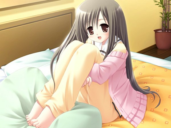 Anime picture 1024x768 with north wind dreamsoft ayakawa kanon torishimo long hair brown hair brown eyes game cg girl bed pajamas
