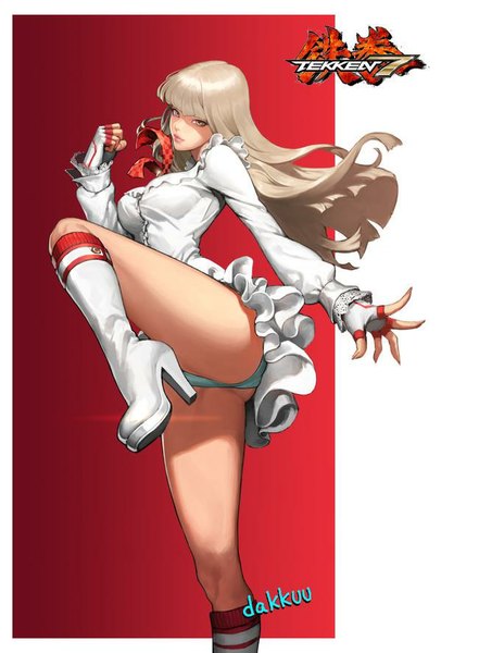 Anime picture 650x884 with tekken tekken 7 namco (studio) emilie de rochefort dakkuu single long hair tall image looking at viewer fringe breasts light erotic blonde hair signed bent knee (knees) pink eyes lips inscription high heels standing on one leg