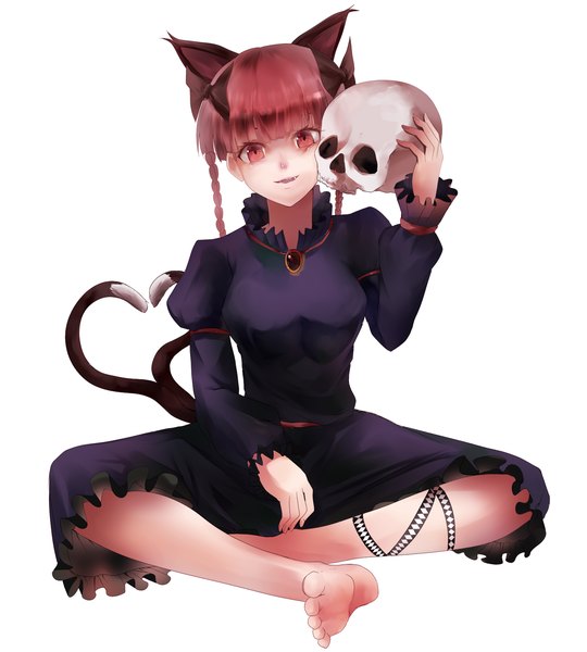 Anime picture 1500x1666 with touhou kaenbyou rin hizagawa rau long hair tall image looking at viewer simple background red eyes white background sitting animal ears red hair barefoot cat ears cat girl cat tail extra ears indian style girl bow