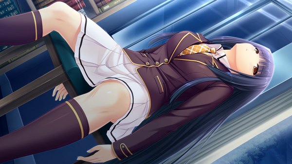 Anime picture 1280x720 with saimin yuugi hidaka maiya sayori single long hair black hair wide image sitting yellow eyes game cg pleated skirt girl skirt uniform school uniform miniskirt socks black socks