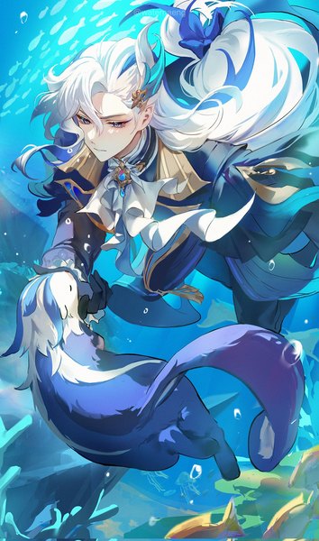 Anime picture 1209x2048 with genshin impact neuvillette (genshin impact) leisurely otter (genshin impact) ojae (waternaeng) single long hair tall image purple eyes white hair pointy ears looking down low ponytail underwater expressionless boy gloves hair ornament animal black gloves fish (fishes)