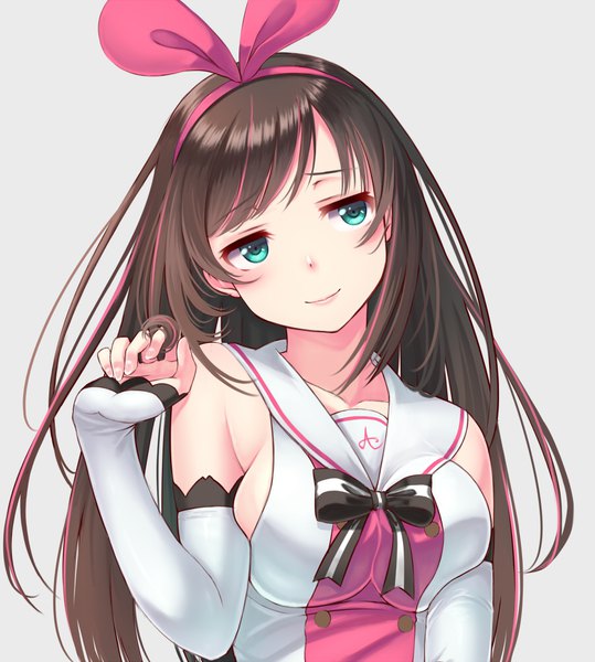 Anime picture 899x1000 with virtual youtuber a.i. channel kizuna ai koko (koko3) single long hair tall image looking at viewer blush fringe breasts simple background smile brown hair bare shoulders upper body head tilt multicolored hair aqua eyes grey background