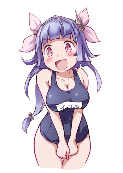Anime picture 700x986 with kantai collection i-19 submarine mousoup single long hair tall image blush fringe breasts open mouth light erotic simple background large breasts white background looking away purple hair pink eyes girl bow swimsuit