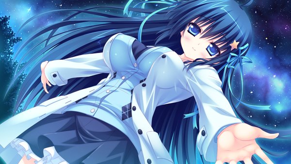 Anime picture 1280x720 with amatarasu riddle star arisu yua long hair looking at viewer blush blue eyes smile wide image blue hair game cg night girl dress ribbon (ribbons) hair ribbon